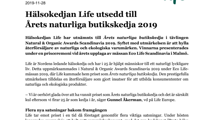 Hälsokedjan Life utsedd till  Årets naturliga butikskedja 2019