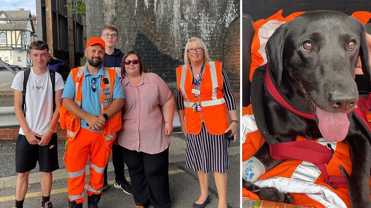 Golder retrievers: George's owner's mum, Tracy Wooding, and friends Kyle Odell (left) and Dan Narcks (middle) who helped spot George, pose in relief with Bernie Lee (far right) and Network Rail Mobile Operations Manager Terry Prestedge