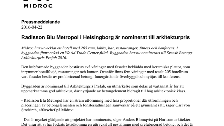 Radisson Blu Metropol i Helsingborg är nominerat till arkitekturpris