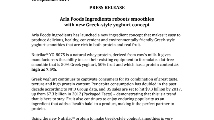 Arla Foods Ingredients reboots smoothies with new Greek-style yoghurt concept