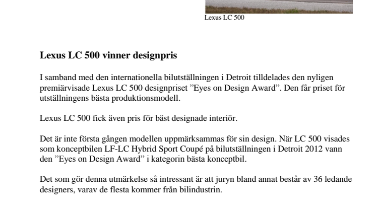 Lexus LC 500 vinner designpris 