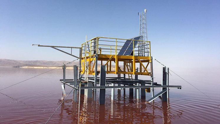 The observatory station deployed in Lake Urmia for the first time in the lake's history, collecting hydrometeorological parameters and transmitting data online.