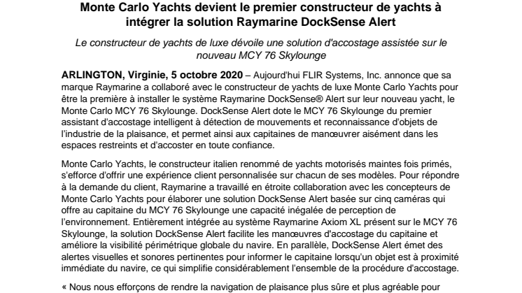 Monte Carlo Yachts devient le premier constructeur de yachts à intégrer la solution Raymarine DockSense Alert 