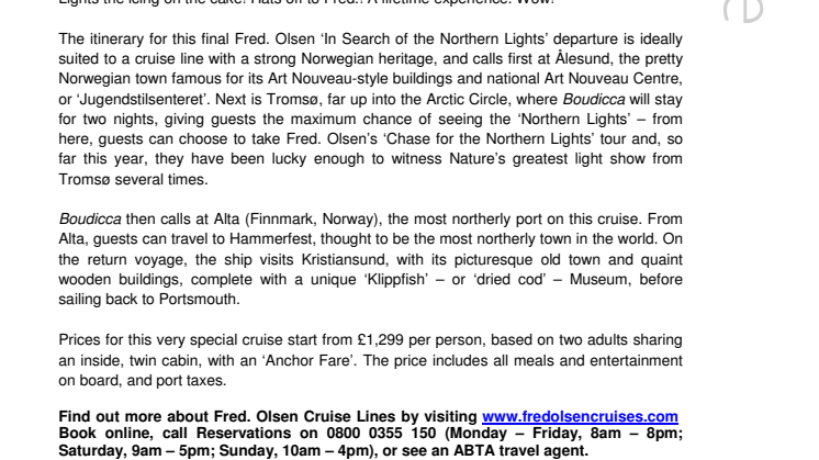 Last chance to chase the ‘Northern Lights’ with Fred. Olsen Cruise Lines!