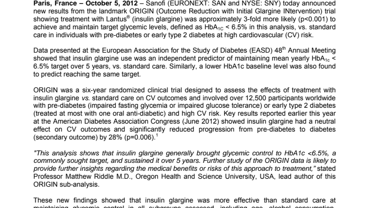 New data from ORIGIN Shows Lantus® use is about 3 times more likely to achieve and sustain target HbA1c vs. standard care over 5 years in the study population
