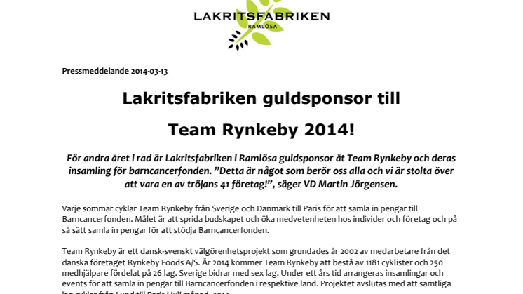 Lakritsfabriken guldsponsor till Team Rynkeby 2014!