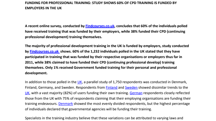 FUNDING FOR PROFESSIONAL TRAINING: STUDY SHOWS 60% OF CPD TRAINING IS FUNDED BY EMPLOYERS IN THE UK