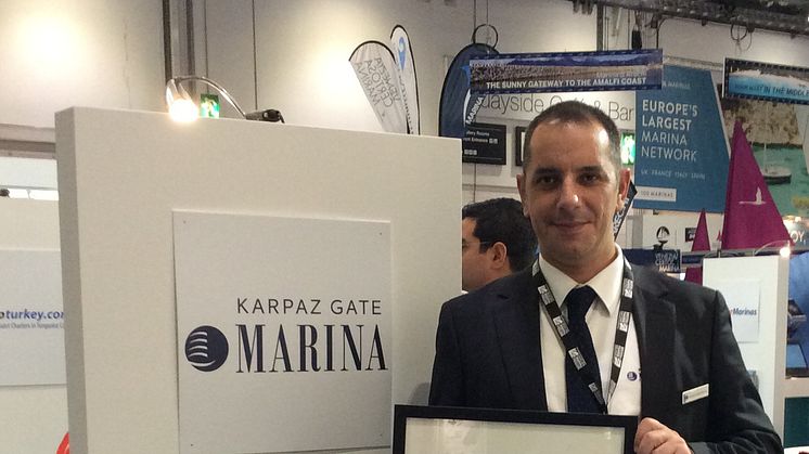 Karpaz Gate Marina Harbour Master Deniz Akaltan with TYHA International Marina of the Year Award 2017 at the London Boat Show, Thursday 12th January.