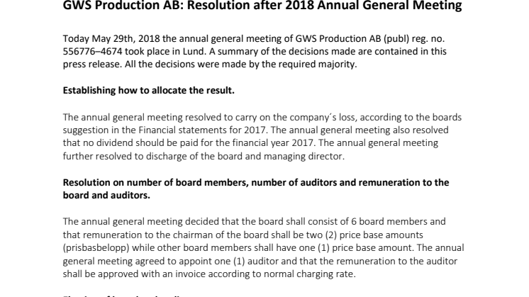 GWS Production AB: Resolution after 2018 Annual General Meeting