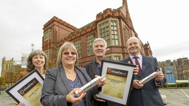 Dr Amy Stabler, Prof. Becky Strachan, Prof. Dave Greenwood and Prof. Glen McHale pictured with the Dynamites17 awards