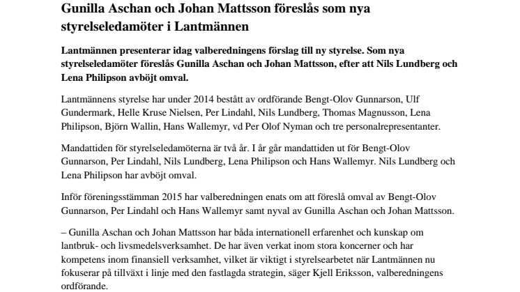 Gunilla Aschan och Johan Mattsson föreslås som nya styrelseledamöter i Lantmännen