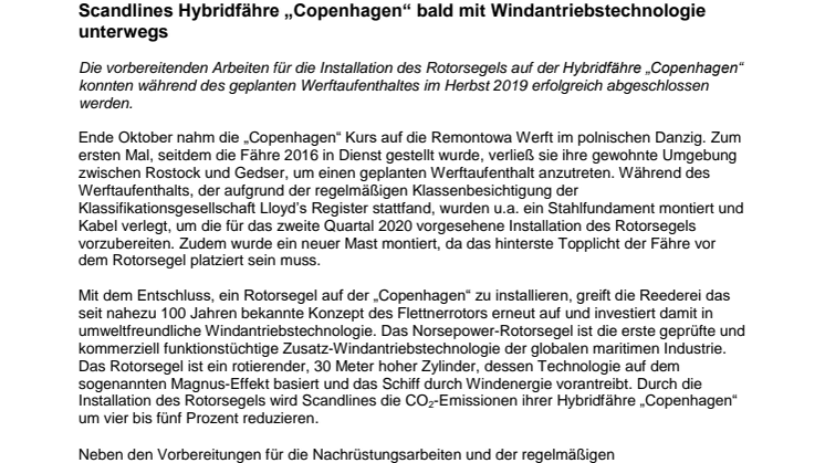 Scandlines Hybridfähre „Copenhagen“ bald mit Windantriebstechnologie unterwegs
