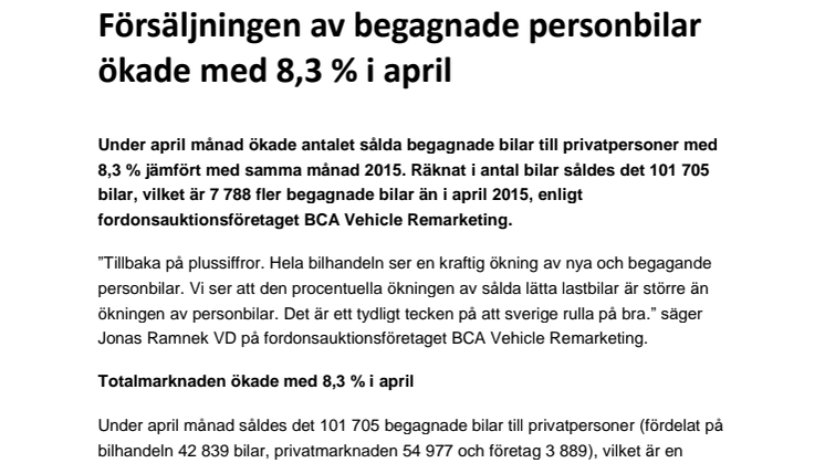 Försäljningen av begagnade personbilar ökade med 8,3 % i april