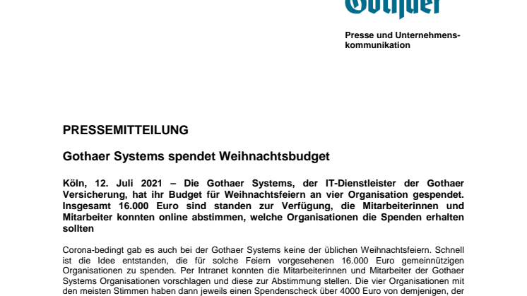 Gothaer Systems spendet Weihnachtsbudget 