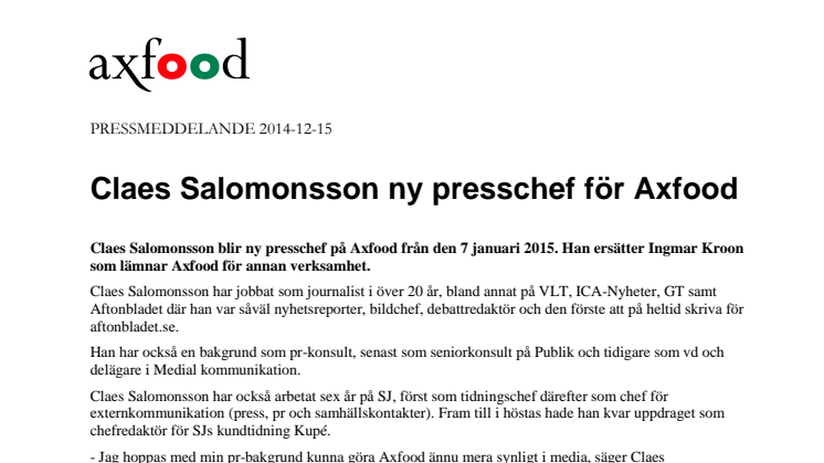 Claes Salomonsson ny presschef för Axfood