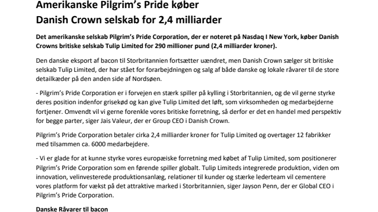 Amerikanske Pilgrim’s Pride køber Danish Crown selskab for 2,4 milliarder kroner