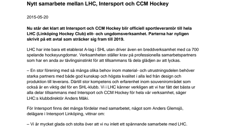 Nytt samarbete mellan LHC, Intersport och CCM Hockey