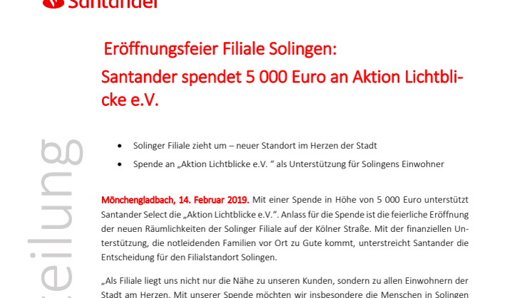 Eröffnungsfeier Filiale Solingen:  Santander spendet 5000 Euro an Aktion Lichtblicke e.V. 