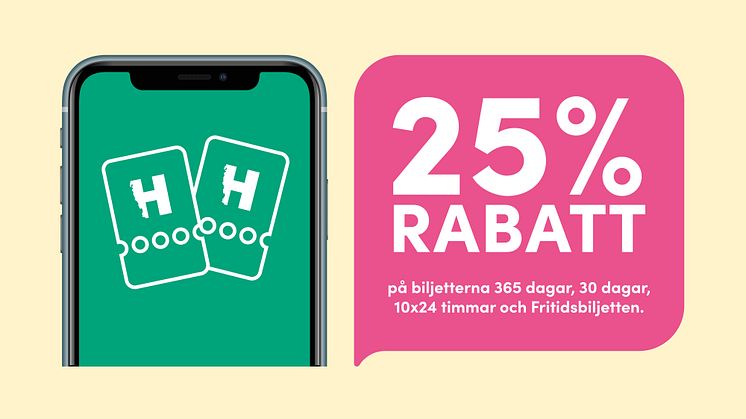 25 procent rabatt på biljetterna 365 dagar, 30 dagar, 10x24 timmar och Fritidsbiljetten.