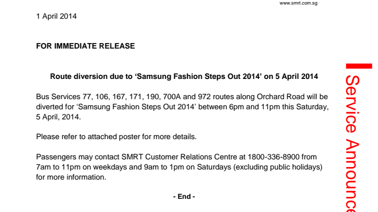 Route diversion due to ‘Fashion Steps Out 2014’ on 5 April 2014