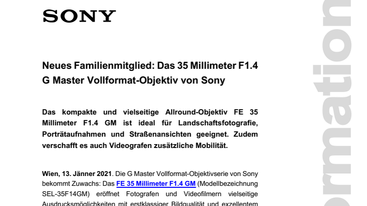 Neues Familienmitglied: Das 35 Millimeter F1.4 G Master Vollformat-Objektiv von Sony