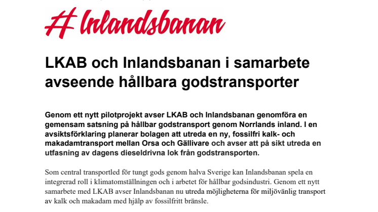 LKAB och Inlandsbanan i samarbete avseende hållbara godstransporter