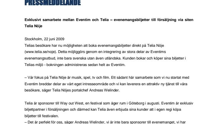 Exklusivt samarbete mellan Eventim och Telia – evenemangsbiljetter till försäljning via siten Telia Nöje