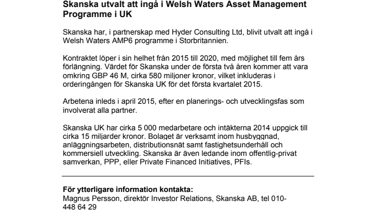 Skanska utvalt att ingå i Welsh Waters Asset Management Programme i UK