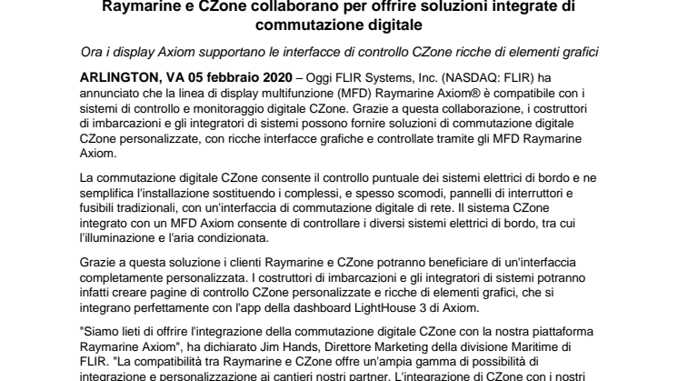 Raymarine e CZone collaborano per offrire soluzioni integrate di commutazione digitale