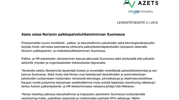 Azets ostaa Norianin palkkapalveluliiketoiminnan Suomessa
