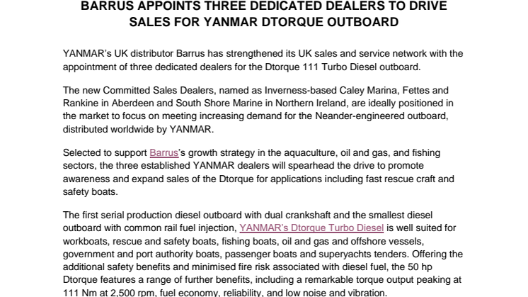 Barrus Appoints Three Dedicated Dealers for YANMAR Dtorque Outboard