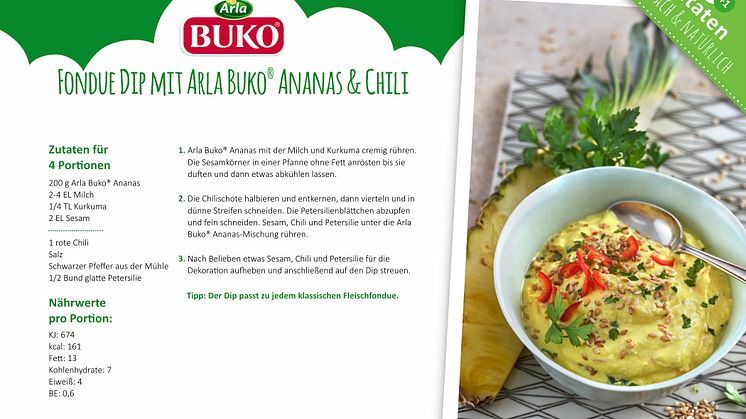 Rezeptkarte Fondue Dip mit Arla Buko® Ananas & Chili