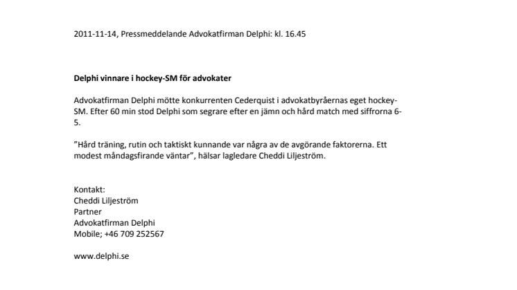 Delphi vinnare i hockey-SM för advokater