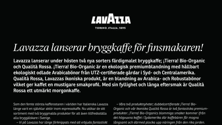 Lavazza lanserar bryggkaffe för  finsmakaren!