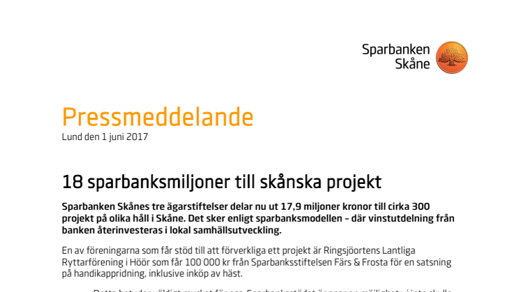 18 sparbanksmiljoner till skånska projekt