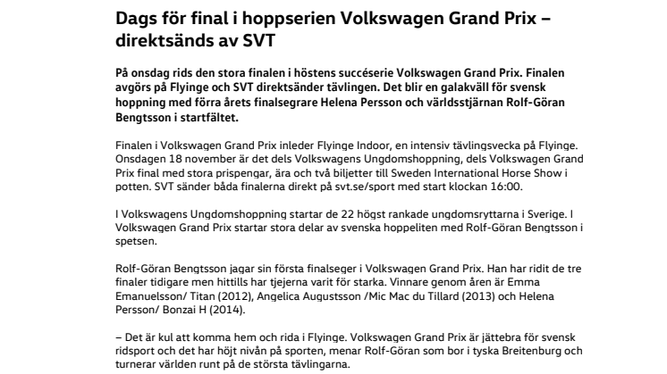 Dags för final i hoppserien Volkswagen Grand Prix – direktsänds av SVT