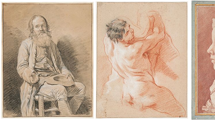 Nicolas Bernard Lépicié, Old Beggar, François Boucher, Study of a triton and Edme Bouchardon, Portrait of Geneviève-Thérèse Mariette.