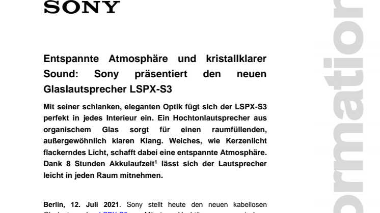 Entspannte Atmosphäre und kristallklarer Sound: Sony präsentiert den neuen Glaslautsprecher LSPX-S3