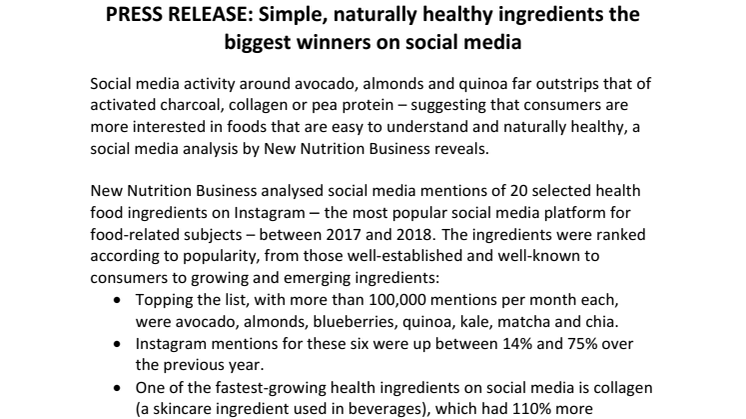 PRESS RELEASE: Simple, naturally healthy ingredients the biggest winners on social media