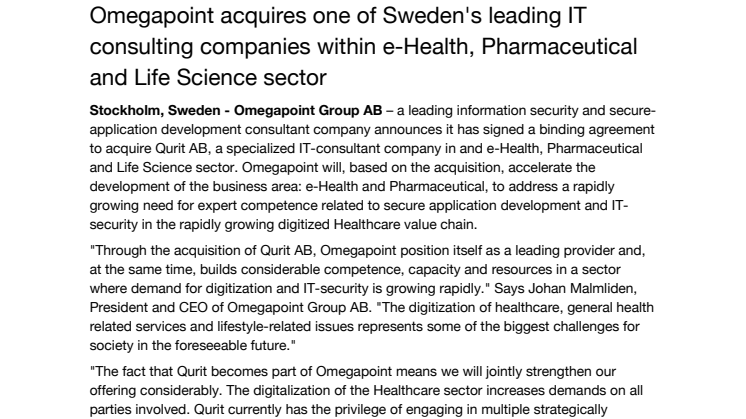 Omegapoint acquires one of Sweden's leading IT consulting companies within e-Health, Pharmaceutical and Life Science sector