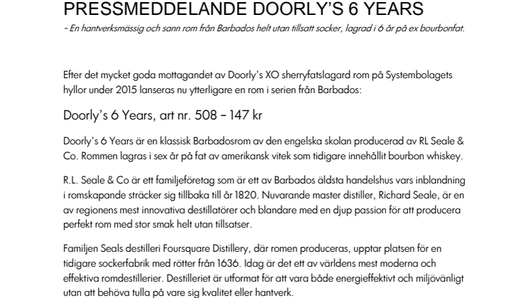 Doorly's 6 Year Rom i fast sortiment på Systembolaget!