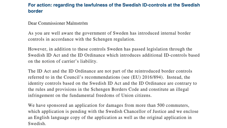 Brev till Cecilia Malmström angående ID-/gränskontroller 