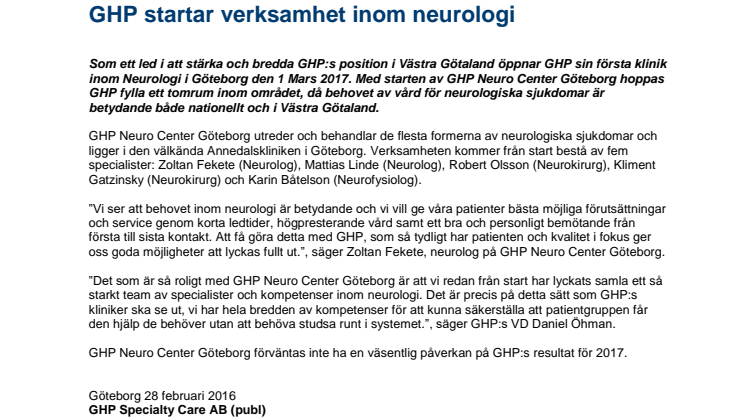 GHP startar verksamhet inom neurologi