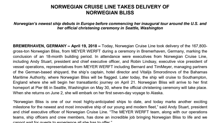 Norwegian Cruise Line takes delivery of Norwegian Bliss