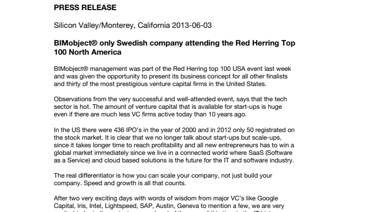 BIMobject® only Swedish company attending the Red Herring Top 100 North America
