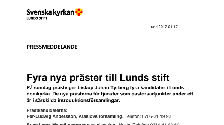 Fyra nya präster till Lunds stift