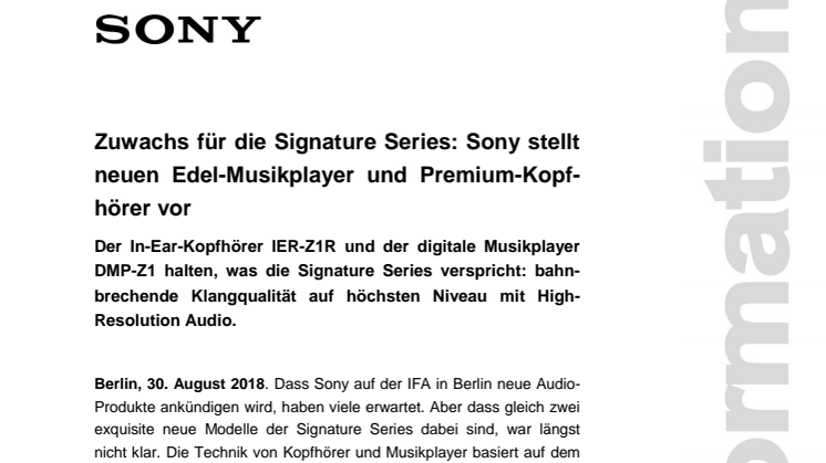 Zuwachs für die Signature Series: Sony stellt neuen Edel-Musikplayer und Premium-Kopfhörer vor