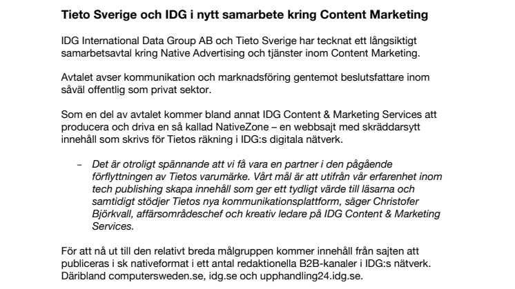 Tieto Sverige och IDG i nytt samarbete kring Content Marketing 