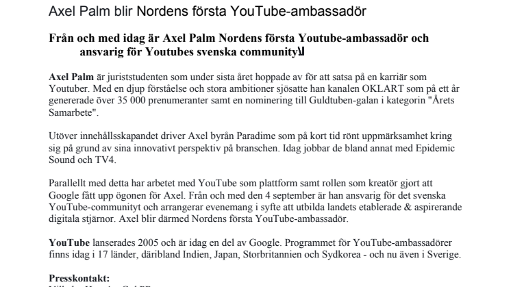 ​Axel Palm blir Nordens första YouTube-ambassadör