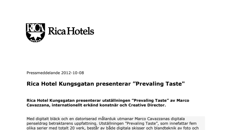 Rica Hotel Kungsgatan presenterar ”Prevaling Taste"